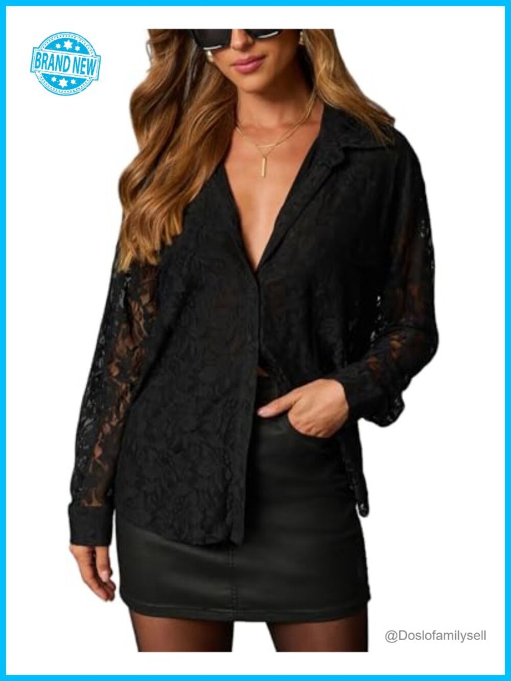 Womens Lace Button Down Shirt V Neck Sheer Mesh Long Sleeve Blouse
